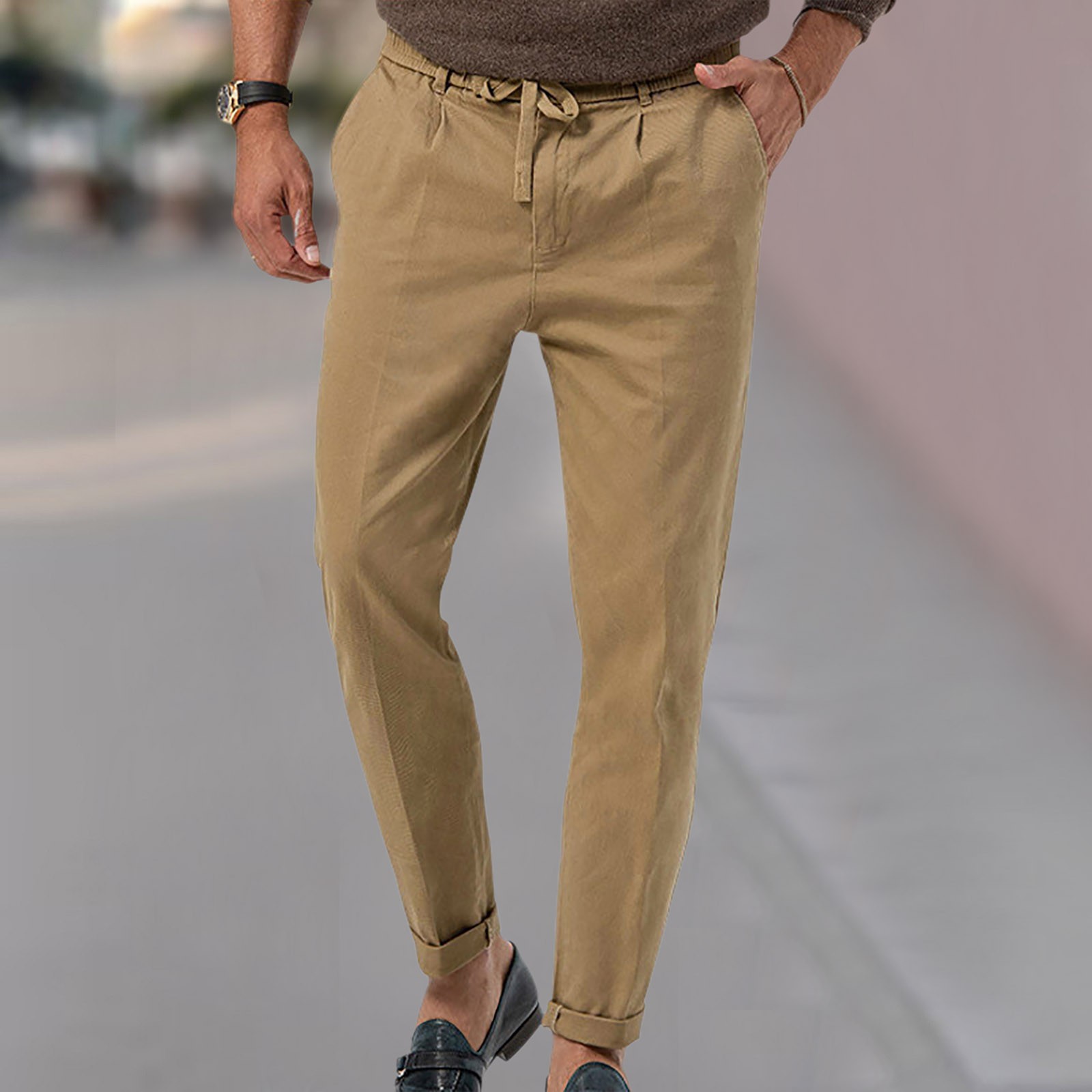 thumbnail image 2 of Pantalones de vestir rectos con cintura elástica y color liso para hombre: corte holgado, cordón, lavables a máquina, cómodos pantalones de estilo europeo., 2 of 5